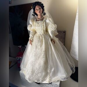 Vintage-Style White Bridal Doll with Lace Gown